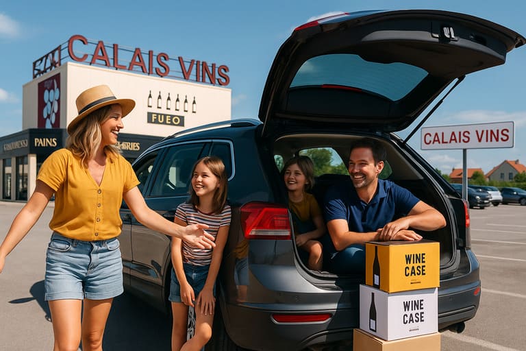 A British couple loading cases of wine into their car outside Calais Vins, preparing for a self-catering holiday in France – the perfect stop before Provence or Dordogne